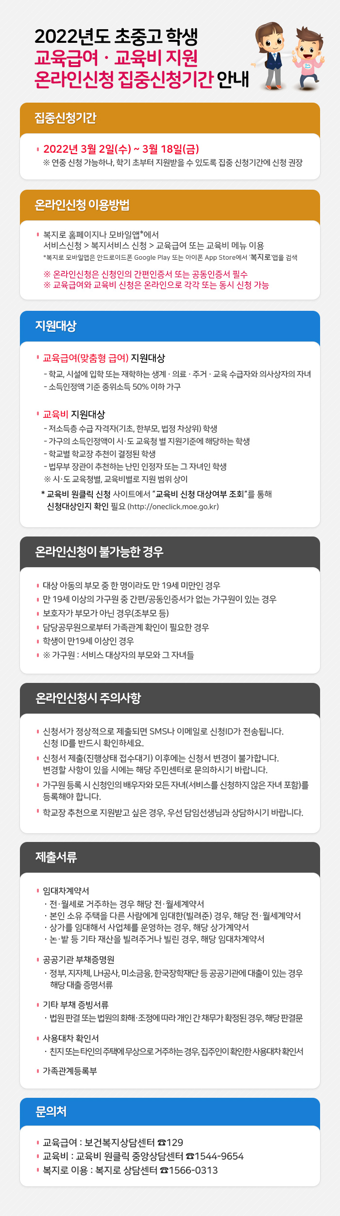 2022년도 초중고 학생 교육급여ㆍ교육비 지원 온라인신청 집중신청기간 안내 [집중신청기간] 2022년 3월 2일(수) ~ 3월 18일(금) ※ 연중 신청 가능하나, 학기 초부터 지원받을 수 있도록 집중 신청기간에 신청 권장 [온라인신청 이용방법] 복지로 홈페이지나 모바일앱*에서 서비스신청 > 복지서비스 신청 > 교육급여 또는 교육비 메뉴 이용 *복지로 모바일앱은 안드로이드폰 Google Play 또는 아이폰 App Store에서 복지로 앱을 검색 ※ 온라인신청은 신청인의 간편인증서 또는 공동인증서 필수 ※ 교육급여와 교육비 신청은 온라인으로 각각 또는 동시 신청 가능 [지원대상] 교육급여(맞춤형 급여) 지원대상 : 학교, 시설에 입학 또는 재학하는 생계ㆍ의료ㆍ주거ㆍ교육 수급자와 의사상자의 자녀, 소득인정액 기준 중위소득 50% 이하 가구 .교육비 지원대상 : 저소득층 수급 자격자(기초, 한부모, 법정 차상위) 학생, 가구의 소득인정액이 시·도 교육청 별 지원기준에 해당하는 학생, 학교별 학교장 추천이 결정된 학생, 법무부 장관이 추천하는 난민 인정자 또는 그 자녀인 학생 ※ 시·도 교육청별, 교육비별로 지원 범위 상이 * 교육비 원클릭 신청 사이트에서 교육비 신청 대상여부 조회를 통해 신청대상인지 확인 필요 (http://oneclick.moe.go.kr) [교육비 신청 대상 확인] 교육비 원클릭 신청 사이트에서 교육비 신청 대상여부 조회를 통해 신청대상인지 확인 필요 (http://oneclick.moe.go.kr) ※ 3월 2일부터 조회 가능 [온라인신청이 불가능한 경우] 대상 아동의 부모 중 한 명이라도 만 19세 미만인 경우 만 19세 이상의 가구원 중 간편/공동인증서가 없는 가구원이 있는 경우 보호자가 부모가 아닌 경우(조부모 등) 담당공무원으로부터 가족관계 확인이 필요한 경우학생이 만19세 이상인 경우 ※ 가구원 : 서비스 대상자의 부모와 그 자녀들 [온라인신청시 주의사항] 신청서가 정상적으로 제출되면 SMS나 이메일로 신청ID가 전송됩니다. 신청 ID를 반드시 확인하세요. 신청서 제출(진행상태 접수대기) 이후에는 신청서 변경이 불가합니다. 변경할 사항이 있을 시에는 해당 주민센터로 문의하시기 바랍니다. 가구원 등록 시 신청인의 배우자와 모든 자녀(서비스를 신청하지 않은 자녀 포함)를 등록해야 합니다. 학교장 추천으로 지원받고 싶은 경우, 우선 담임선생님과 상담하시기 바랍니다. [제출서류] -임대차계약서 : 전·월세로 거주하는 경우 해당 전·월세계약서, 본인 소유 주택을 다른 사람에게 임대한(빌려준) 경우, 해당 전·월세계약서, 상가를 임대해서 사업체를 운영하는 경우, 해당 상가계약서, 논ㆍ밭 등 기타 재산을 빌려주거나 빌린 경우, 해당 임대차계약서 -공공기관 부채증명원 : 정부, 지자체, LH공사, 미소금융, 한국장학재단 등 공공기관에 대출이 있는 경우 해당 대출 증명서류 -기타 부채 증빙서류 : 법원 판결 또는 법원의 화해·조정에 따라 개인 간 채무가 확정된 경우, 해당 판결문 -사용대차 확인서 : 친지 또는 타인의 주택에 무상으로 거주하는 경우, 집주인이 확인한 사용대차 확인서 -가족관계등록부 [문의처] -교육급여 : 보건복지상담센터 ☎129 -교육비 : 교육비 원클릭 중앙상담센터 ☎1544-9654 -복지로 이용 : 복지로 상담센터 ☎1566-0313 