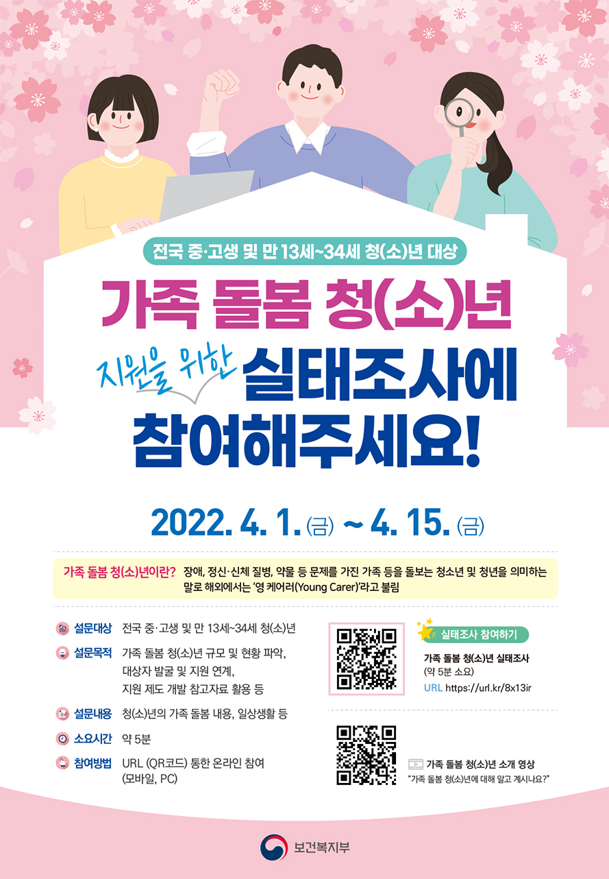 전국 중·고생 및 만 13세~34세 청(소)년 대상 가족 돌봄 청(소)년 지원을 위한 실태조사에 참여해주세요! 2022.4.1.(금) ~4.15.(금) 가족 돌봄 청(소)년이란? 장애, 정신·신체, 질병, 약물 등 문제를 가진 가족 등을 돌보는 청소년 및 청년을 의미하는 말로 해외에서는 '영 케어러(Young Carer)'라고 불림 설문대상 전국 중·고생 및 만 13세~34세 청(소)년 설문목적 가족 돌봄 청(소)년 규모 및 현황 파악, 대상자 발굴 및 지원 연ㄱ꼐, 지원 제도 개발 참고자료 활용 등 설문내용 청(소)년의 가족 돌봄 내용, 일상생활 등 소요시간 약 5분 참여방법 URL(OR코드) 통한 온라인 참여(모바일, PC) 실태조사 참여하기 가족 돌봄 청(소)년 실태조사(약 5분 소요) URL https://url.kr/8x13ir 가족 돌봄 청(소)년 소개 영상 
