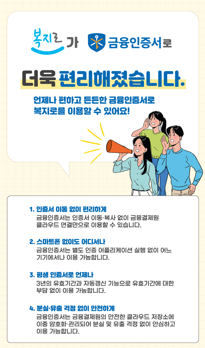 복지로가 금융인증서로 더욱 편리해졌습니다. 언제나 편하고 든든한 금융인증서로 복지로를 이용할 수 있어요! 1. 인증서 이동 없이 편리하게 금융인증서는 인증서 이동·복사 없이 금융결제원 클라우드 연결만으로 이용할 수 있습니다. 2. 스마트폰 없이도 어디서나 금융인증서는 별도 인증 어플리케이션 실행 없이 어느 기기에서나 이용 가능합니다. 3. 평생 인증서로 언제나 3년의 유효기간과 자동갱신 기능으로 유효기간에 대한 부담 없이 이용 가능합니다. 4. 분실·유출 걱정 없이 안전하게 금융인증서는 금융결제원의 안전한 클라우드 저장소에 이중 암호화·관리되어 분실 및 유출 걱정 없이 안심하고 이용 가능합니다.