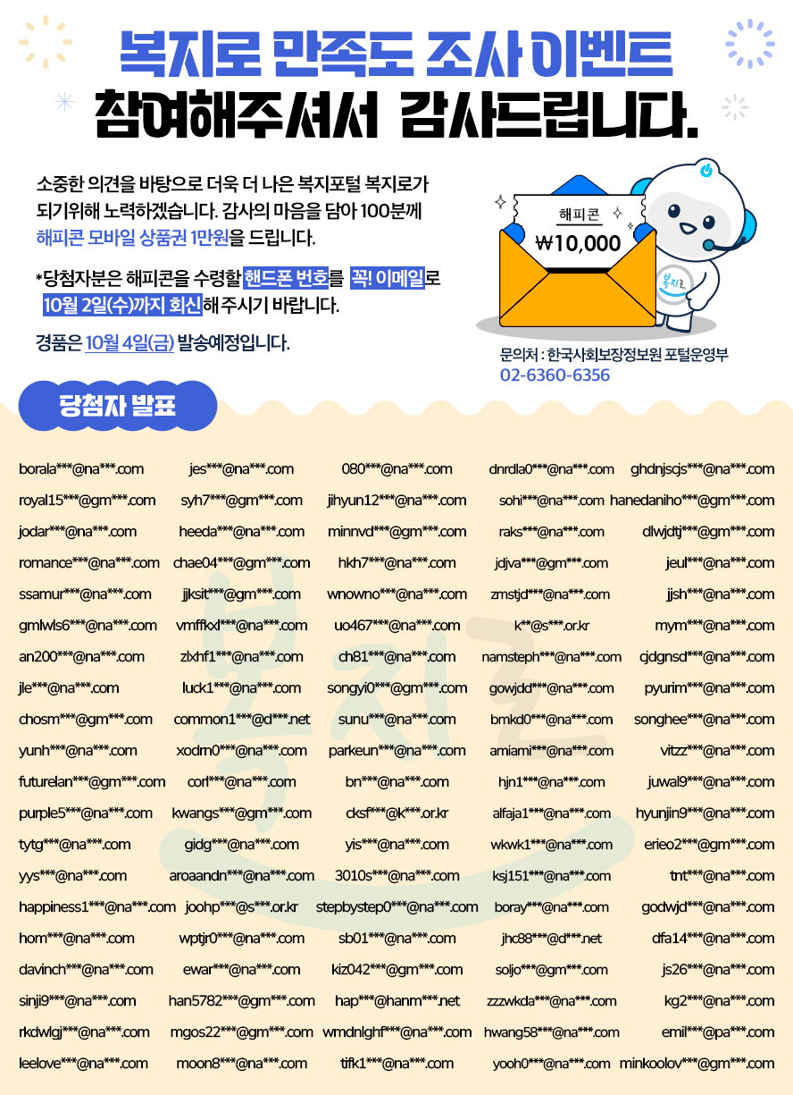 복지로 만조도조사 이벤트에 참여해주셔서 감사드립니다. 소중한 의견을 바탕으로 더욱 더 나은 복지포털 복지로가 되기위해 노력하겠습니다. 감사의 마음을 담아 100분께 해피콘 모바일 상품권 1만원을 드립니다. *당첨자 분은 해피콘을 수령한 핸드폰번호를 꼭! 이메일로 10월2일(수)까지 회신해주시기 바랍니다. 경품은 10월 4일(금) 발송예정입니다. 문의처 : 한국사회보장정보원 포털운영부 02-6360-6356 당첨자발표 borala***@na***.com royal15***@gm***.com jodar***@na***.com romance***@na***.com ssamur***@na***.com gmlwls6***@na***.com an200***@na***.com jle***@na***.com chosm***@gm***.com yunh***@na***.com futurelan***@gm***.com purple5***@na***.com tytg***@na***.com yys***@na***.com happiness1***@na***.com hom***@na***.com davinch***@na***.com sinji9***@na***.com rkdwlgj***@na***.com leelove***@na***.com jes***@na***.com syh7***@gm***.com heeda***@na***.com chae04***@gm***.com jjksit***@gm***.com vmffkxl***@na***.com zlxhf1***@na***.com luck1***@na***.com common1***@d***.net corl***@na***.com kwangs***@gm***.com gidg***@na***.com aroaandn***@na***.com joohp***@s***.or.kr xodrn0***@na***.com wptjr0***@na***.com ewar***@na***.com han5782***@gm***.com mgos22***@gm***.com moon8***@na***.com 080***@na***.com jihyun12***@na***.com minnvd***@gm***.com hkh7***@na***.com wnowno***@na***.com uo467***@na***.com ch81***@na***.com songyi0***@gm***.com sunu***@na***.com parkeun***@na***.com bn***@na***.com stepbystep0***@na***.com yis***@na***.com 3010s***@na***.com cksf***@k***.or.kr sb01***@na***.com kiz042***@gm***.com hap***@hanm***.net wmdnlghf***@na***.com tifk1***@na***.com dnrdla0***@na***.com sohi***@na***.com raks***@na***.com jdjva***@gm***.com zmstjd***@na***.com k**@s***.or.kr namsteph***@na***.com gowjdd***@na***.com bmkd0***@na***.com amiami***@na***.com hjn1***@na***.com alfaja1***@na***.com wkwk1***@na***.com ksj151***@na***.com boray***@na***.com jhc88***@d***.net soljo***@gm***.com zzzwkda***@na***.com hwang58***@na***.com yooh0***@na***.com ghdnjscjs***@na***.com dlwjdtj***@gm***.com jeul***@na***.com hanedaniho***@gm***.com jjsh***@na***.com mym***@na***.com cjdgnsd***@na***.com pyurim***@na***.com songhee***@na***.com vitzz***@na***.com juwal9***@na***.com hyunjin9***@na***.com erieo2***@gm***.com tnt***@na***.com godwjd***@na***.com dfa14***@na***.com js26***@na***.com minkoolov***@gm***.com kg2***@na***.com emil***@pa***.com 