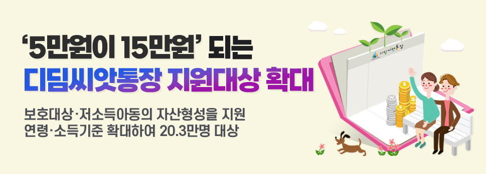 ‘'5만원이 15만원'되는 디딤씨앗통장 지원대상 확대 / 보호대상·저소득아동의 자산형성 지원 / 연령·소득기준 확대하여 20.3만명 대상