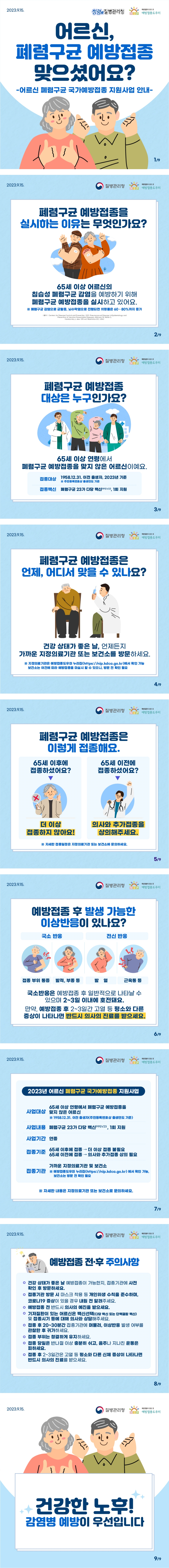 2023.9.15. 청렴韓 질병관리청 NIP 예방접종의 모든 것 예방접종도우미 어르신, 폐렴구균 예방접종 맞으셨어요? -어르신 폐렴구균 국가예방접종 지원사업 안내- ○ 폐렴구균 예방접종을 실시하는 이유는 무엇인가요? 65세 이상 어르신의 침습성 폐렴구균 감염을 예방하기 위해 폐렴구균 예방접종을 실시하고 있어요. ※ 폐렴구균 감염으로 균혈증, 뇌수막염으로 진행되면 치명률은 60~80%까지 증가 ○ 폐렴구군 예방접종 대상은 누구인가요? 65세 이상 연령에서 폐렴구균 예방접종을 맞지 않은 어르신이에요. -접종대상: 1958.12.31. 이전 출생자, 2023년 기준 ※ 주민등록번호상 출생연도 기준 -접종백신 폐렴구균 23가 다당 백신PPSV23, 1회 지원 ○ 폐렴구군 예방접종은 언제, 어디서 맞을 수 있나요? 건강 상태가 좋은 날, 언제든지 가까운 지정의료기관 또는 보건소를 방문하세요. ※ 지정의료기관은 예방접종도우미 예방접종 누리집(https://nip.kdca.go.kr)에서 확인 가능 보건소는 여건에 따라 예방접종을 미실시 할수 있으니, 방문 전 확인 필요 ○ 폐렴구군 예방접종은 이렇게 접종해요. 65세 이후에 접종하셨어요? 더이상 접종하지 않아요! 65세 이전에 접종하셨어요? 의사와 추가접종을 상의해주세요. ※ 자세한 접종일정은 지정의료기관 또는 보건소에 문의하세요. ○ 예방접종 후 발생 가능한 이상반응이 있나요? -국소 반응: 접종 부위 통증, 발적, 부종 등 -전신 반응: 발열, 근육통 등 국소반응은 예방접종 후 일반적으로 나타날 수 있으며 2~3일 이내에 호전돼요. 만약, 예방접종 후 2~3일간 고열 등 평소와 다른 증상이 나타나면 반드시 의사의 진료를 받으세요. ○ 2023년 어르신 폐렴구균 국가예방접종 지원사업 -사업대상: 65세 이상 연령에서 폐렴구균 예방접종을 맞지 않은 어르신 ※ 1958.12.31. 이전 출생자(주민등록번호상 출생연도 기준) -사업내용: 폐렴구균 23가 다당 백신PPSV23, 1회 지원 -사업기간: 연중 -접종기준: 65세 이후에 접종 → 더 이상 접종 불필요 -65세 이전에 접종 → 의사와 추가접종 상의 필요 -접종기관: 가까운 지정의료기관 및 보건소 ※ 예방접종도우미 누리집(https://nip.kdca.go.kr)에서 확인 가능, 보건소는 방문 전 확인 필요 ※ 자세한 내용은 지정의료기관 또는 보건소로 문의하세요. ○ 예방접종 전·후 주의사항 -건강 상태가 좋은 날 예방접종이 가능한지, 접종기관에 사전 확인 후 방문하세요 -접종기관 방문 시 마스크 착용 등 개인위생 수칙을 준수하며, 코로나19 증상이 있을 경우 내원 전 알려주세요. -예방접종 전 반드시 의사의 예진을 받으세요. -기저질환이 있는 어르신은 백신선택(다당 백신 또는 단백결합 백신) 및 접종시기 등에 대해 의사와 상담해주세요. -접종 후 20~30분간 접종기관에 머물러, 이상반응 발생 여부를 관찰한 후 귀가하세요. -접종 부위는 청결하게 유지 하세요. -접종 당일은 반나절 이상 충분히 쉬고, 음주나 지나친 운동은 피하세요. -접종 후 2~3일간은 고열 등 평소와 다른 신체 증상이 나타나면 반드시 의사의 진료를 받으세요. 건강한 노후! 감염병 예방이 우선입니다