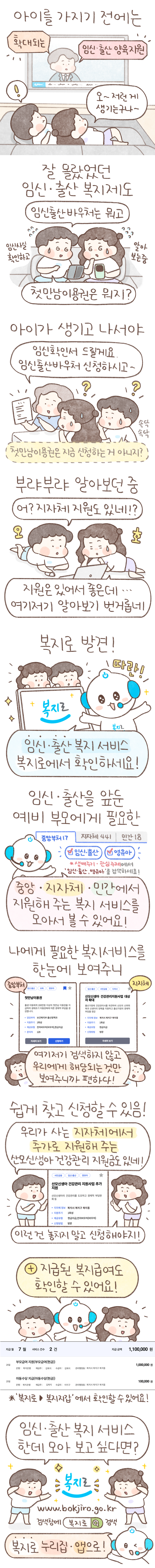 아이를 가지기 전에는 확대되는 임신출산 양육지원 오~ 저런게 생기는구나~ 잘 몰랐었던 임신 출산 복지제도 임신출산바우처는 뭐고 임신사실 확인하고 알아보는중 첫만남이용권은 뭐지? 아이가 생기고 나서야 임신확인서 드릴게요. 임신출산바우처 신청하시고~ 첫만남이용권은 지금 신청하는 거 아니지? 속닥속닥 부랴부랴 알아보던 중 어? 지자체 지원도 있네!? 오 호 지원은 있어서 좋은데... 여기저기 알아보기 번거롭네 복지로 발견! 따란! 임신 출산 복지 서비스 복지로에서 확인하세요! 임신 출산을 앞둔 예비 부모에게 필요한 중앙 지자체 민간에서 지원해 주는 복지 서비스를 모아서 볼 수 있어요! 생애주기 관심주제에서 임신 출산 영유아를 검색하세요! 나에게 필요한 복지서비스를 한눈에 보여주니 여기저기 검색하지 않고 우리에게 해당되는 것만 보여주니까 편하다! 쉽게 찾고 신청할 수 있음! 우리가 사는 지자체에서 추가로 지원해 주는 산모신생아 건강관리 지원금도 있네! 이런건 놓치지 말고 신청해야지! +지급된 복지급여도 확인할 수 있어요! * 복지로 복지지갑에서 확인할 수 있어요! 임신 출산 복지 서비스 한데 모아 보고 싶다면? 검색창에 복지로 검색 www.bokjiro.go.kr 복지로 누리집 앱으로! 