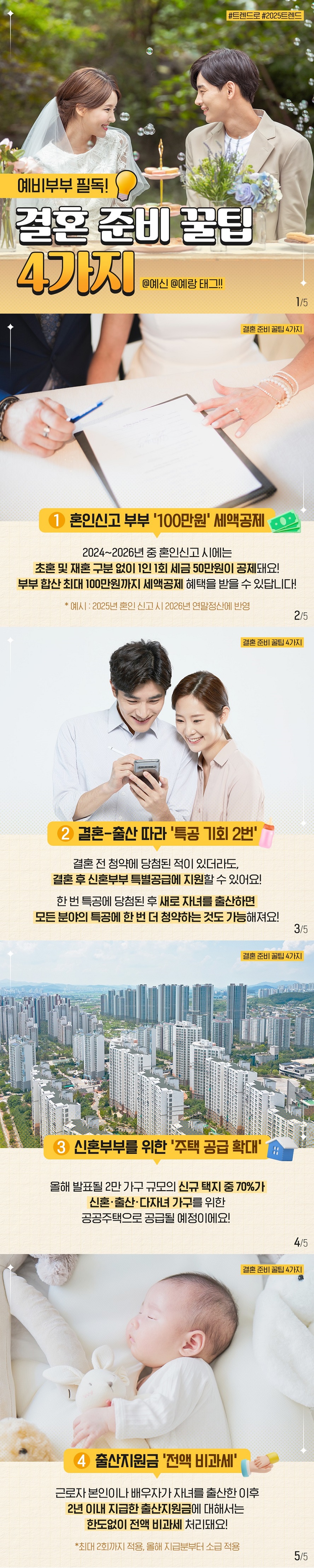 #트렌드로 #2025트렌드 예비부부 필독! 결혼 준비 꿀팁 4가지 @예신 @예랑 태그!!① 혼인신고 부부 '100만 원' 세액공제 2024~2026년 중 혼인신고 시에는 초혼 및 재혼 구분 없이 1인 1회 세금 50만 원이 공제돼요! 부부 합산 최대 100만 원까지 세액공제 혜택을 받을 수 있답니다! * 예시 : 2025년 혼인 신고 시 2026년 연말정산에 반영 ② 결혼-출산 따라 '특공 기회 2번' 결혼 전 청약에 당첨된 적이 있더라도, 결혼 후 신혼부부 특별공급에 지원할 수 있어요! 한 번 특공에 당첨된 후 새로 자녀를 출산하면 모든 분야의 특공에 한 번 더 청약하는 것도 가능해져요! ③ 신혼부부를 위한 '주택 공급 확대' 올해 발표될 2만 가구 규모의 신규 택지 중 70%가 신혼·출산·다자녀 가구를 위한 공공주택으로 공급될 예정이에요! ④ 출산지원금 '전액 비과세' 근로자 본인이나 배우자가 자녀를 출산한 이후 2년 이내 지급한 출산지원금에 대해서는 한도 없이 전액 비과세 처리돼요! *최대 2회까지 적용, 올해 지급분부터 소급 적용