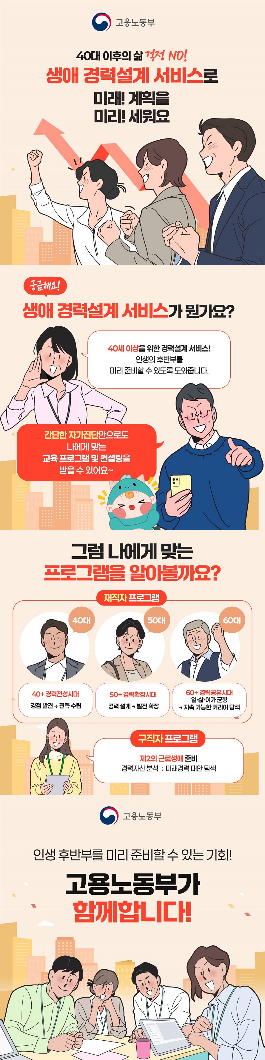 40대 이후의 삶 걱정 no! 생애 경력설계 서비스로 미래! 계획을 미리! 세워요 (고용노동부) 궁금해요! ■ 생애 경력설계 서비스가 뭔가요? 40세 이상을 위한 경력설계 서비스! 인생의 후반부를 미리 준비할 수 있도록 도와줍니다. 간단한 자가진단만으로도 나에게 맞는 교육 프로그램 및 컨설팅을 받을 수 있어요. ■ 그럼 나에게 맞는 프로그램을 알아볼까요? <재직자 프로그램> · 40대 : 40+ 경력전성시대 강점 발견 → 전략 수립 · 50대 : 50+ 경력확장시대 경력 설계 → 발전 확장 · 60대 : 60+ 경력공유시대 일·삶·여가 균형 → 지속 가능한 커리어 탐색 <구직자 프로그램> 제2의 근로생애 준비/ 경력자산 분석 → 미래경력 대안 탐색 인생 후반부를 미리 준비할 수 있는 기회! 고용노동부가 함께합니다!