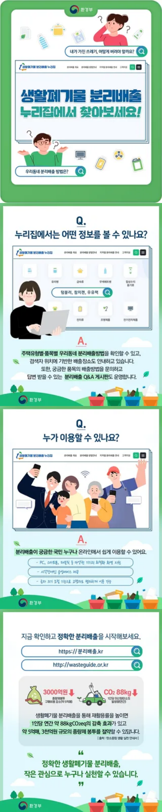 내가 가진 쓰레기, 어떻게 버려야 할까요? 생활폐기물 분리배출 누리집에서 찾아보세요! 우리 동네 분리배출 방법은? Q.누리집에서는 어떤 정보를 볼 수 있나요? A.주택유형별, 품목별, 우리동네 분리배출 방법을 확인할 수 있고, 검색자 위치에 기반한 배출 장소도 안내하고 있습니다. 또한, 궁금한 품몸의 배출 방법을 문의하고 답변받을 수 있는 분리배출 Q&A게시판도 운영합니다. Q.누가 이용할 수 있나요? A 분리배출이 궁금한 국민 누구나 온라인에서 쉽게 이용할 수 있어요. PC, 스마트폰, 태블링 등 다양한 기기의 최적화 화면 지원, 시각장애인 음성 서비스 제공, 글자크기 조절 기능으로 고령자도 편리하게 이용가능, 지금 확인하고 정확한 분리배출을 시작해보세요. https://분리배출.kr, http://wasteguide.or.kr 300억원 절감, CO2 88kg 절감 생활폐기물 분리배출을 통해 재활용률을 높이면 1인당 연간 약88키로그램의 CO2 감축 효과가 있고 약 5억매, 3천억 규모의 종량제 봉투를 절약할 수 있답니다. 출처 탄소중립생활실천안내서, 정확한 생활폐기물 분리배출, 작은 관심으로 누구나 실천할 수 있습니다. 