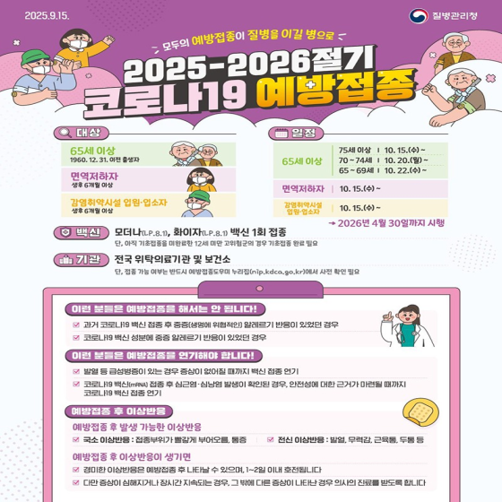 모두의 예방접종이 질병을 이길 병으로, 2025-2026절기 코로나19 예방접종, 대상 65세 이상(1960.12.31. 이전 출생자), 면역 저하자(생후 6개월 이상), 감염취약시설 입원·입소자(생후 6개월 이상), 일정 65세 이상 75세 이상: 10.15.(수)~, 70~74세: 10.20.(월)~, 65~69세: 10.22.(수)~, 면역 저하자: 10.15.(수)~, 감염취약시설 입 입소자: 10.15.(수)~, 2026년 4월 30일까지 시행, 백신, 모더나(LP.8.1), 화이자(LP.8.1) 백신 1회 접종 단, 아직 기초접종을 미완료한 12세 미만 고위험군의 경우 기초접종 완료 필요, 기관, 전국 위탁의료기관 및 보건소 단, 접종 가능 여부는 반드시 예방접종도우미 누리집에서 사전 확인 필요, 이런 분들은 예방접종을 해서는 안 됩니다! 과거 코로나19 백신 접종 후 중증(생명에 위협적인) 알레르기 반응이 있었던 경우, 코로나19 백신 성분에 중증 알레르기 반응이 있었던 경우, 이런 분들은 예방접종을 연기해야 합니다! 발열 등 급성병증이 있는 경우 증상이 없어질 때까지 백신 접종 연기, 코로나19 백신(mRNA) 접종 후 심근염·심낭염 발생이 확인된 경우, 안전성에 대한 근거가 마련될 때까지 코로나19 백신 접종 연기, 예방접종 후 이상반응 예방접종 후 발생 가능한 이상반응, 국소 이상반응: 접종부위가 빨갛게 부어오름, 통증, 전신 이상반응: 발열, 무력감, 근육통, 두통 등, 예방접종 후 이상반응이 생기면 경미한 이상반응은 예방접종 후 나타날 수 있으며, 1~2일 이내 호전됩니다. 다만 증상이 심해지거나 장시간 지속되는 경우, 그 밖에 다른 증상이 나타난 경우 의사의 진료를 받도록 합니다.