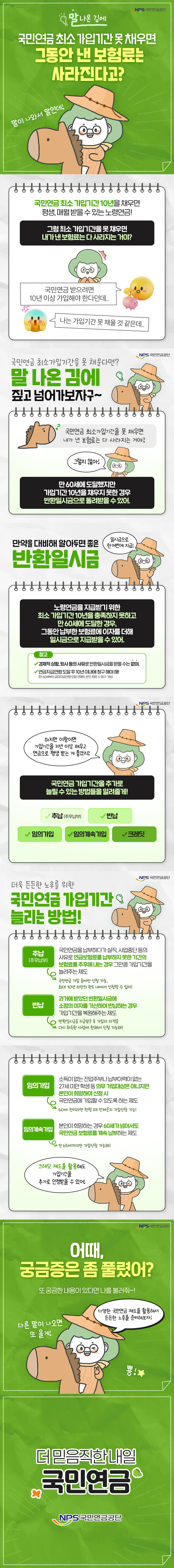 국민연금 최소 가입기간 못 채우면 그동안 낸 보험료는 사라진다고? 국민연금 최소 가입기간 10년을 채우면 평생, 매월 받을 수 있는 노령연금! 그럼 최소 가입기간을 못 채우면 내가 낸 보험료는 다 사라지는 거야? 국민연금 최소가입기간을 못 채운다면?말 나온 김에 짚고 넘어가보자구~국민연금 최소가입기간을 못 채우면 내가 낸 보험료는 다 사라지는 거야?그렇지 않아! 만 60세에 도달했지만 가입기간 10년을 채우지 못한 경우 반환일시금으로 돌려받을 수 있어. 만약을 대비해 알아두면 좋은 반환일시금 노령연금을 지급받기 위한 최소 가입기간 10년을 충족하지 못하고 만 60세에 도달한 경우,그동안 납부한 보험료에 이자를 더해 일시금으로 지급받을 수 있어.하지만 이왕이면 가입기간을 10년 이상 채우고 연금으로 평생 받는 게 좋겠지?국민연금 가입기간을 추가로늘릴 수 있는 방법들을 알려줄게!추납(추후납부) 국민연금을 납부하다가 실직, 사업중단 등의 사유로 연금보험료를 납부하지 못한 기간의 보험료를 추후에 내는 경우 그만큼 가입기간을 늘려주는 제도 *국민연금 가입 중에만 신청 가능, 최대 10년 미만의 한도 내에서 신청할 수 있어! 반납 과거에 받았던 반환일시금에 정의 이자를 가산하여 반납하는 경우 가입기간을 복원해 주는 제도 *반환일시금을 지급받은 후 가입자 자격을 다시 취득한 사람에 한해서 신청 가능해! 임의가입 소득이 없는 전업주부나 납부이력이 없는 27세 미만 학생 등 의무 가입대상은 아니지만 본인이 희망하여 신청 시 국민연금에 가입할 수 있도록 하는 제도 *60세 전이라면 원할 때 언제든지 가입신청 가능! 임의계속가입본인의 희망하는 경우 60세가 넘어서도 국민연금 보험료를 계속 납부하는 제도 *만 65세까지만 가입신청 가능해! 크레딧 제도를 활용해도 가입기간을 추가로 인정받을 수 있어! 어때, 궁금증은 좀 풀렸어? 다양한 국민연금 제도를 활용해서 든든한 노후를 준비해 보자!