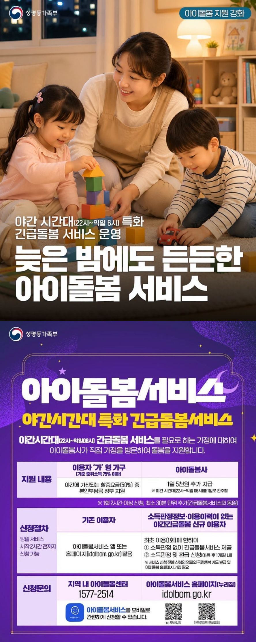 [아이돌봄 지원 강화] 늦은 밤에도 든든한 아이돌봄 서비스 - 야간 시간대(22시~익일 6시) 특화 긴급돌봄 서비스 운영 ■ 아이돌봄서비스 '야간시간대 특화 긴급돌봄서비스' 야간시간대(22시~익일 06시) 긴급돌봄 서비스를 필요로 하는 가정에 대하여 아이돌봄사가 직접 가정을 방문하여 돌봄을 지원합니다. △ 지원 내용 · 이용자 '가' 형 가구(기준 중위소득 75% 이하) - 야간에 가산되는 할증요금(50%) 중 본인부담금 정부 지원 · 아이돌봄사 - 1일 5천 원 추가 지급 ※ 야간 시간대(22시~익일 06시)를 1일로 간주함 ※ 1회 2시간 이상 신청, 최소 30분 단위 추가(긴급돌봄서비스와 동일) △ 신청절차(당일 서비스 시작 2시간 전까지 신청 가능) · 기존 이용자 - 아이돌봄서비스 앱 또는 홈페이지 활용 · 소득판정정보·이용이력이 없는 야간긴급돌봄 신규 이용자 - 최초 이용(1회)에 한하여 ① 소득판정 없이 긴급돌봄서비스 제공 ② 소득판정 및 환급 신청(이용 후 1개월 내) ※ 서비스 신청 전에 신청인 명의의 국민행복카드 발급 및 아이돌봄 홈페이지 가입 필요 △ 신청문의 · 지역 내 아이돌봄센터 ☎1577-2514 · 아이돌봄서비스 홈페이지(누리집) https://idolbom.go.kr 아이돌봄서비스를 모바일로 간편하게 신청할 수 있습니다. (iOS 모바일앱 / 안드로이드 모바일앱)