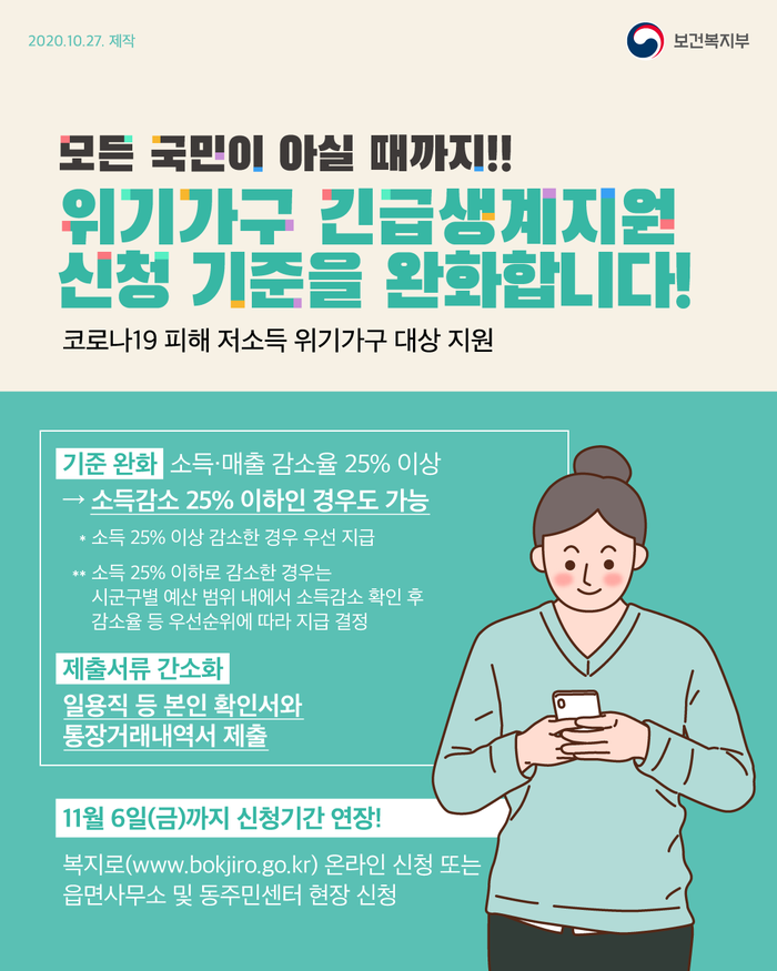 2020.10.27. 제작 보건복지부 모든 국민이 아실 때까지!! 위기가구 긴급생계지원 신청 기준을 완화합니다! 코로나19 피해 저소득 위기가구 대상 지원 기준완화 소득·매출 감소율 25% 이상 → 소득감소 25% 이하인 경우도 가능 * 소득 25% 이상 감소한 경우 우선 지급 ** 소득 25% 이하로 감소한 경우는 시군구별 예산 범위 내에서 소득감소 확인 후 감소율 등 우선순위에 따라 지급 결정 제출서류 간소화 일용직 등 본인 확인서와 통장거래내역서 제출 11월 6일(금)까지 신청기간 연장! 복지로(www.bokjiro.go.kr) 온라인 신청 또는 읍면사무소 및 동주민센터 현장 신청