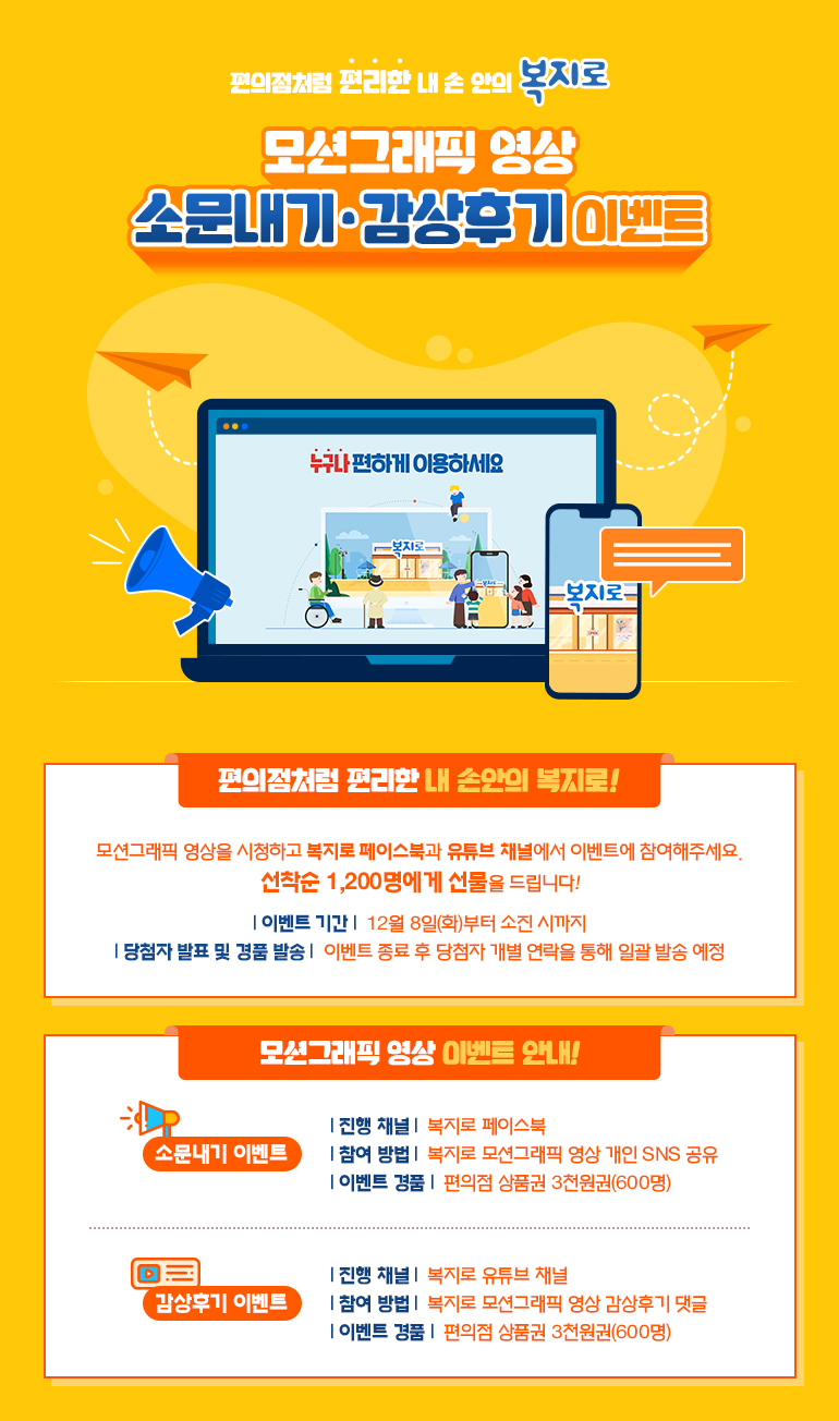 편의점처럼 편리한 내 손 안의 복지로 모션그래픽 영상 소문내기·감상후기 이벤트 누구나 편하게 이용하세요 복지로 편의점처럼 편리한 내 손안의 복지로! 모션그래픽 영상을 시청하고 복지로 페이스북과 유튜브 채널에서 이벤트에 참여해주세요. 선착순 1,200명에게 선물을 드립니다! 이벤트 기간 12월 8일(화)부터 소진시까지 당첨자 발표 및 경품 발송 이벤트 종료 후 당첨자 개별 연락을 통해 일괄 발송 예정 모션그래픽 영상 이벤트 안내! 소문내기 이벤트 진행 채널 복지로 페이스북 참여 방법 복지로 모션그래픽 영상 개인 SNS 공유 이벤트 경품 편의점 상품권 3천원권(600명) 감상후기 이벤트 진행 채널 복지로 유튜브 채널 참여 방법 복지로 모션그래픽 영상 감상후기 댓글 이벤트 경품 편의점 상품권 3천원권(600명)