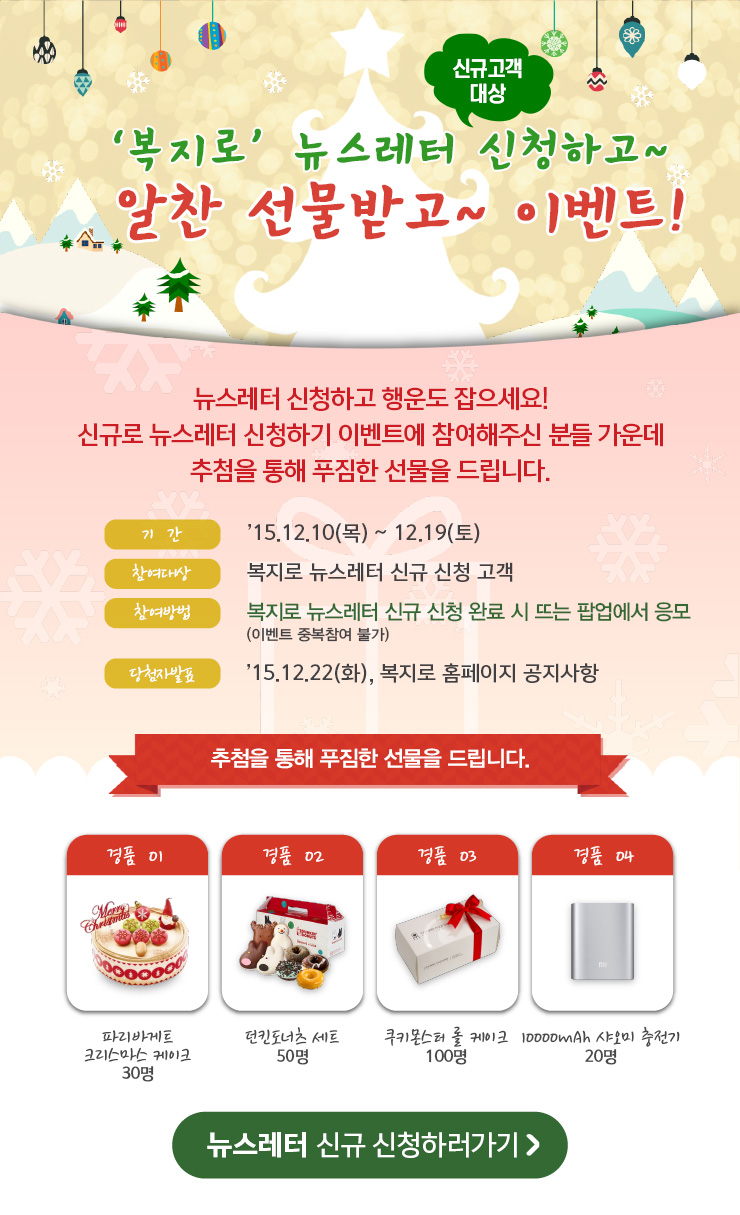 
(신규고객 대상) ‘복지로’뉴스레터 신청하고~ 알찬 선물받고~ 이벤트!
뉴스레터 신청하고 행운도 잡으세요!
신규로 뉴스레터 신청하기 이벤트에 참여해주신 분들 가운데 추첨을 통해 푸짐한 선물을 드립니다.
기간 : ’15.12.10(목) ~ 12.19(토)
참여대상 : 복지로 뉴스레터 신규 신청 고객
참여방법 : 복지로 뉴스레터 신규 신청 완료 시 뜨는 팝업에서 응모 (이벤트 중복참여 불가)
당첨자발표  : ’15.12.22(화), 복지로 홈페이지 공지사항
추첨을 통해 푸짐한 선물을 드립니다.
경품01 : 파리바게트 크리스마스 케이크 30명
경품02 : 던킨도너츠 세트 50명
경품03 : 쿠키몬스터 롤 케이크 100명
경품04 : 10000mAh 샤오미 충전기 20명
뉴스레터 신규 신청하러가기
