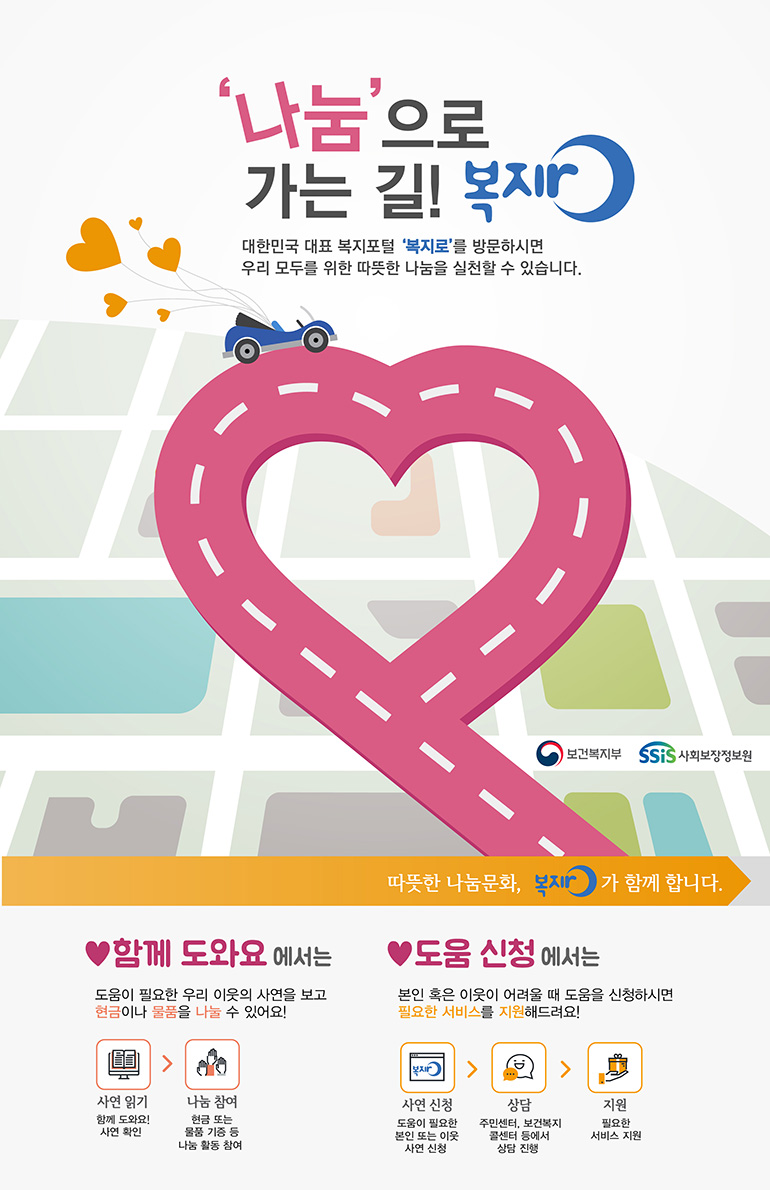 나눔으로 가는 길! 복지로 - 대한민국 대표 복지포털 복지로를 방문하시면 우리 모두를 위한 따뜻한 나눔을 실천할 수 있습니다. 따뜻한 나눔문화 복지로가 함께 합니다 - 보건복지부, 사회보장정보원 - 함께 도와요에서는 도움이 필요한 우리 이웃의 사연을 보고 현금이나 물품을 나눌 수 있어요! 사연읽기 : 함께 도와요! 사연확인, 나눔 참여 : 현금 또는 물품 기증 등 나눔 활동 참여, 도움 신청에서는 본인 혹은 이웃이 어려울 때 도움을 신청하시면 필요한 서비스를 지원해드려요! 사연 신청:도움이 필요한 본인 또는 이웃 사연 신청, 상담:주민센터, 보건복지콜센센터 등에서 상담 진행, 지원:필요한 서비스 지원