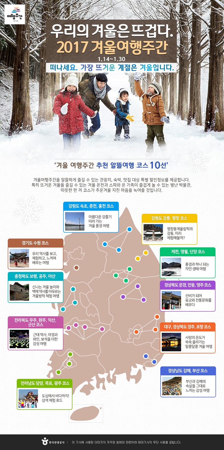 여행주간 1.14.~1.30.  우리의 겨울은 뜨겁다. 2017 겨울여행주간 1.14.~1.30. 떠나세요. 가장 뜨거운 계절은 겨울입니다.  '겨울 여행주간 추천 알뜰여행 코스 10선'  겨울여행주간을 알뜰하게 즐길 수 있는 관광지, 숙박, 맛집 대상 특별 할인정보를 제공합니다.  특히 뜨거운 겨울을 즐길 수 있는 겨울 온천과 스파와 온 가족이 즐겁게 놀 수 있는 별난 박물관,   따뜻한 한 끼 코스가 추운겨울 지친 마을을 녹여줄 것입니다.    강원도 속초, 춘천, 홍천 코스: 아름다운 강줄기 따라가는 겨울 풍경 여행  경기도 수원 코스: 우리 역사를 보고, 체험하고, 느끼며 배우는 여행  충청북도 보령, 공주, 아산: 신나는 겨울 놀이과 백제 역사를 아우르는 겨울방학 체험 여행  전라북도 무주, 완주, 익산, 군산 코스: 근대 역사, 야경과 와인, 보석을 더한 감성 여행  전라남도 담양, 목포, 광주 코스: 도심에서 바다까지! 삼색 체험 로드  강원도 강릉, 평창 코스: 평창동계올림픽의 감동, 미리 체험해볼까?  제천, 영월, 단양 코스: 풍경과 하나 되는 자연 생태 여행  경상북도 문경, 안동, 영주 코스: 선비가 되어 유교와 전통문화를 배우다  대구, 경상북도 경주, 포항 코스: 사랑의 온도가 쑥쑥 올라가는 알콩달콩 겨울 여행  경상남도 김해, 부산 코스: 부산과 김해의 속살을 그대로 느끼는 감성 여행  한국관광공사 이 기사에 사용된 이미지의 저작권 침해와 관련하여 테마기사의 무단 사용을 금합니다.