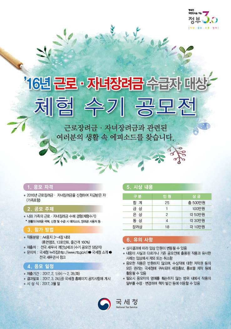 국세청, 정부3.0  2016년 근로자녀장려금 수급자 대상 체험 수기 공모전 근로장려금, 자녀장려금과 관련된 여러분의 생활 속 에피소드를 찾습니다.  1. 응모 자격  2016년 근로장려금, 자녀장려금을 신청하여 지급받은 자(가족 포함)   2. 공모 주제  나와 가족의 근로, 자녀장려금 수혜 경험(체험수기)  - 생활의 어려움 극복, 신청 및 수급 시 에피소드, 장려금 사용처 등   3. 참가 방법  - 작품 분량: A4 용지 3~4장 내외(휴먼명조, 13포인트, 줄간격 160%)  - 제출처: 전국 세무서 개인납세과(수기 공모전 담당자)  - 문의처: 국세청 누리집)www.nts.go.kr) → 국세청 소개 → 전국 세무관서 참고  4. 응모 일정  - 제출기간: 2017.2.1.(수)~2.28.(화)  - 결과발표: 2017.3.24.(금) 국세청 홈페이지 공지사항에 게시  - 시상식: 2017.3월 말  5. 시상 내용  금상 1명 100만원  은상 2명 각 50만원  동상 4명 각 30만원  장려상 18명 각 10만원  총 25명 총 500만원  6. 유의사항  - 심사결과에 따라 입상 인원이 변동될 수 있음  - 내용이 사실과 다르거나 기존 공모전에 출품된 작품과 유사한 사례는 입상에서 제외 또는 취소함  - 응모한 작품은 반환하지 않으며, 수상작에 대한 저작권 등의 모든 권리는 국세청에 귀속되 세정홍보, 홍보물 제작 등에 활용될   수 있음  - 필요시 응모자의 명예를 훼손하지 않는 범위 내에서 작품의 일부를 수정, 변경하여 책자 발간 등에 이용할 수 있음  국세청