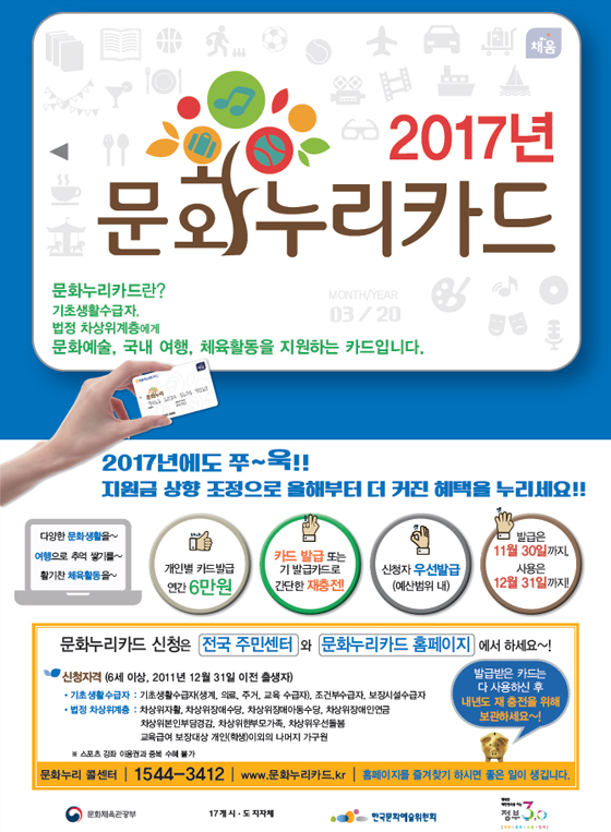 2017년 문화누리카드  문화누리카드란?  기초생활수급자, 법정 차상위계층에게 문화예술, 국내여향, 체육활동을 지원하는 카드입니다.  2017년에도 쭈~욱!!  지원금 상향 조정으로 올해부터 더 커진 혜택을 누리세요!!  다양한 문화생활을~  여행으로 추억쌓기를~  활기찬 체육활동을~  개인별 카드발급 연간 6만 원  카드 발급 또는 기 발급카드로 간단한 재충전!  신청자 우선발급(예산 범위 내)  발급은 11월 30일까지, 사용은 12월 31일까지!  문화누리카드 신청은 전국 주민센터와 문화누리카드 홈페이지에서 하세요~!  발급받은 카드는 다 사용하신 후 내년도 재충전을 위해 보관하세요~!  신청자격(6세 이상, 2011년 12월 31일 이전 출생자)  기초생활수급자: 기초생활수급자(생계, 의료, 주거, 교육 수급자), 조건부수급자, 보장시설 수급자  법정 차상위계층: 차상위자활, 차상위장애수당, 차상위장애아동수당, 차상위장애인연금, 창상위본인부담경감, 차상위한부모가족,  차상위우선돌봄, 교육급여 보장대상 개인(학생) 이외의 나머지 가구원  ※ 스포츠 강좌 이용권과 중복 수혜 불가  문화누리 콜센터 1544-3412 www.문화누리카드.kr  홈페이지를 즐겨찾기 하시면 좋은 일이 생깁니다.   문화체육관광부, 17개 시도 지자체, 한국문화예술위원회, 정부 3.0