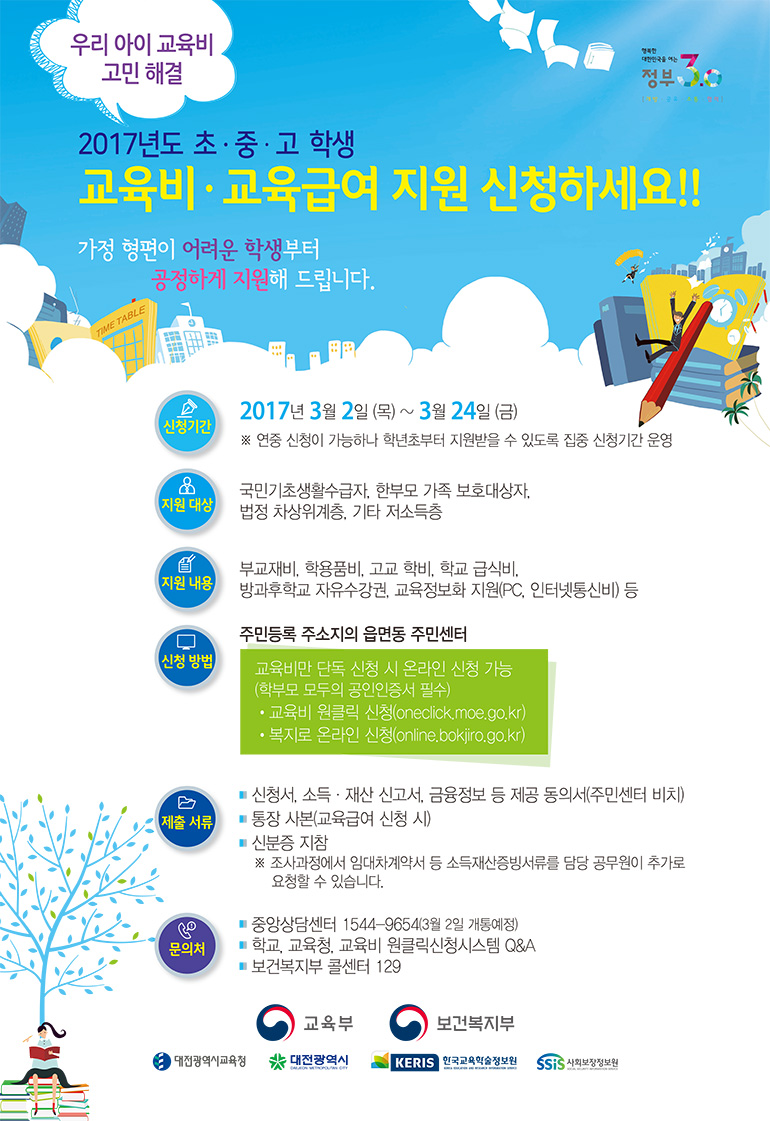 행복한 대한민국을 여는 정부 3.0 개방, 공유, 소통, 협력  우리 아이 교육비 고민 해결  2017년도 초·중·고 학생 교육비·교육급여 지원 신청하세요!!  가정형편이 어려운 학생부터 공정하게 지원해 드립니다.  신청기간 2017년 3월 2일(목) ~ 3월 24일(금)  지원대상 국민기초생활 수급자, 한부모 가족 보호대상자, 법정 차상위계층, 기타 저소득층  지원내뇽 부교재비, 학용품비, 고교학비, 학교 급식비, 방과후학교 자유수강권, 교육정보화 지원(PC, 인터넷통신비) 등  신청방법 주민등록 주소지의 읍면동 주민센터  교육비만 단독 신청 시 온라인 신청 가능(학부모 모두의 공인인증서 필수)  교육비 원클릭 신청(oneclick.moe.go.kr)  복지로 온라인 신청(online.bokjiro.go.kr)  제출서류 신청서, 소득·재산 신고서, 금융정보 등 제공 동의서(주민센터 비치)  통장사본(교육급여 신청 시)  신분증 지참  ※ 조사과정에서 임대차계약서 등 소득재산증빙서류를 담당 공무원이 추가로 요청할 수 있습니다.  문의처 중앙상담센터 1544-9654(3월 2일 개통 예정)  학교, 교육청, 교육비 원클릭신청 시스템 Q&A  보건복지부 콜센터 129  교육부, 보건복지부, 대전광역시교육청, 대전광역시, KERIS한국교육학술정보원, 사회보장정보원