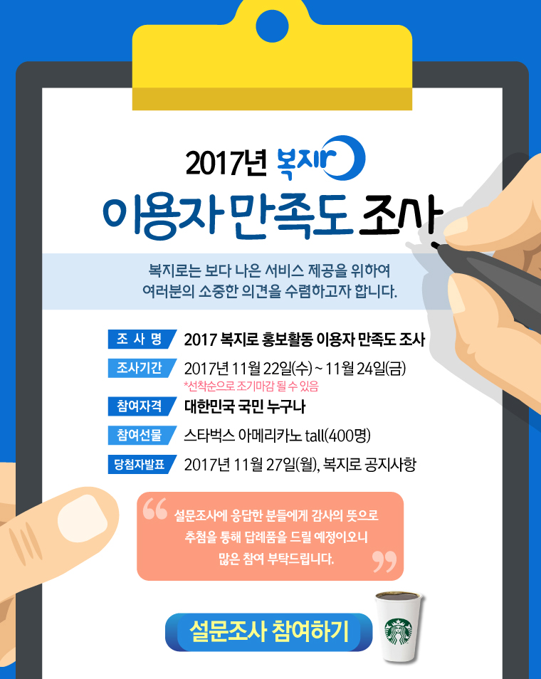 [2017년 복지로 이용자 만족도 조사] 복지로는 보다 나은 서비스 제공을 위하여 여러분의 소중한 의견을 수렴하고자 합니다. 
조사명: 2017 복지로 홍보활동 이용자 만족도 조사
조사기간: 2017년 11월 22일(수) ~ 11월 24일(금) * 선착순으로 조기마감 될 수 있음
참여자격: 대한민국 국민 누구나
참여선물: 스타벅스 카페 아메리카노(400명)
당첨자 발표: 2017년 11월 27일(월), 복지로 공지사항 
설문조사에 응답한 분들에게 감사의 뜻으로 추첨을 통해 답례품을 드릴 예정이오니 많은 참여 부탁드립니다.  [설문조사 참여하기]