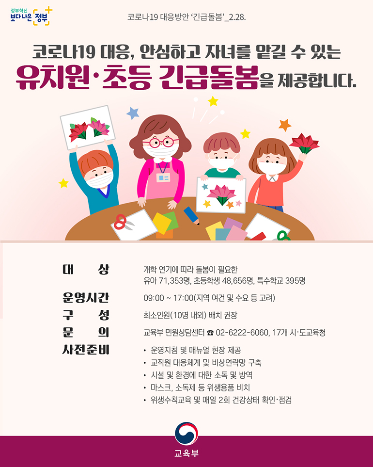 코로나19 대응, 안심하고 자녀를 맡길 수 있는 유치원·초등 긴급돌봄을 제공합니다.