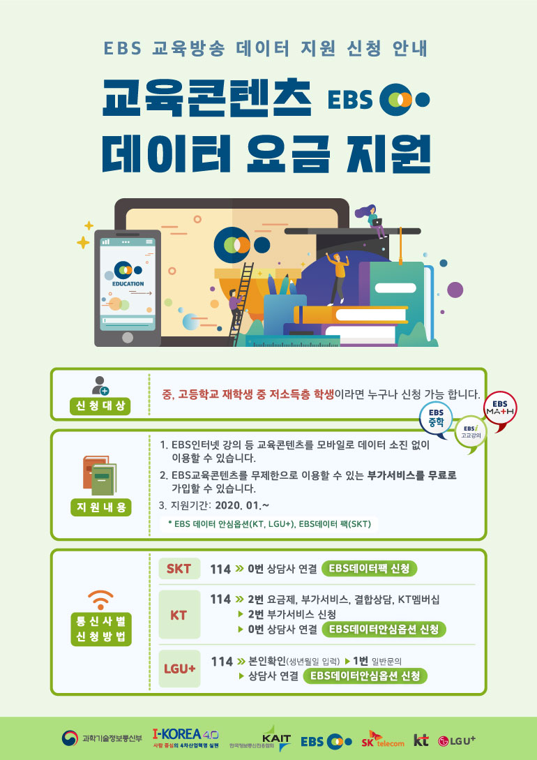 EBS 교육방송 데이터요금 무료 지원 신청 안내
교육콘텐츠 EBS 데이터 요금 지원 EDUCATION
신청대상 : 중, 고등학교 재학생 중 저소득층 학생이라면 누구나 신청 가능합니다.
지원내용 : 1. EBS인터넷 강의 등 교육콘텐츠를 모바일로 데이터 소진 없이 이용할 수 있습니다. EBS 중학 EBSi 고교강의 EBS MATH  2.EBS교육콘텐츠를 무제한으로 이용할 수 있는 부가서비스를 무료로 가입할 수 있습니다. 3. 지원기간 : 2020. 01.~
  * EBS데이터 안심옵션(KT, LGU+), EBS데이터 팩(SKT)

통신사별 신청방법 
SKT  114 >> 0번 상담사 연결 EBS데이터 팩 신청
KT  114 >> 2번 요금제, 부가서비스, 결합상담, KT멤버십 ▶ 2번 부가서비스 신청 ▶ 0번 상담사 연결 EBS데이터 안심옵션 신청  
LGU+  114 >> 본인확인(생년월일 입력) ▶ 1번 일반문의 ▶ 상담사 연결 EBS데이터 안심옵션 신청  
과학기술정보통신부 I-KOREA 4.0 사람중심의 4차산업혁명 실현 KAIT 한국정보통신진흥협회 EBS SK telecom KT LGU+