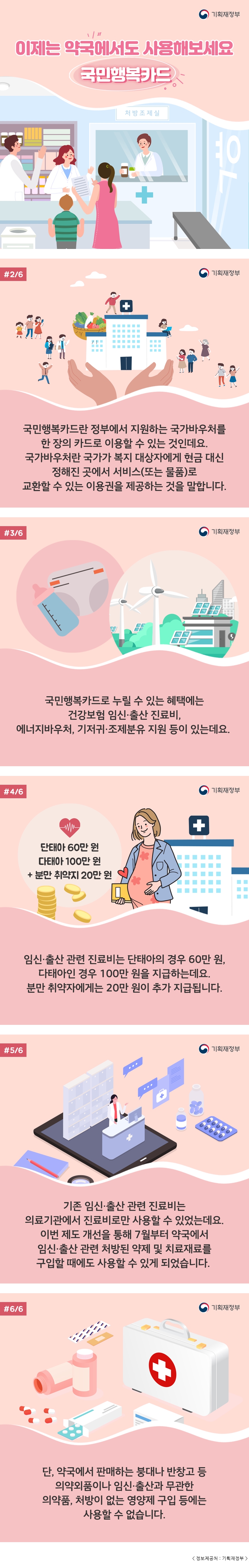 기획재정부 이제는 약국에서도 사용해보세요 국민행복카드 # 2/6 기획재정부 국민행복카드란 정부에서 지원하는 국가바우처를 한 장의 카드로 이용할 수 있는 것인데요. 국가바우처란 국가가 복지 대상자에게 현금 대신 정해진 곳에서 서비스(또는 물품)로 교환할 수 있는 이용권을 제공하는 것을 말합니다. # 3/6 기획재정부 국민행복카드로 누릴 수 있는 혜택에는 건강보험 임신·출산 진료비, 에너지바우처, 기저귀·조제분유 지원 등이 있는데요. # 4/6 기획재정부 단태아 60만 원 다태아 100만 원 + 분만 취약지 20만 원 임신·출산 관련 진료비는 단태아의 경우 60만 원, 다태아의 경우 100만 원을 지급하는데요. 분만 취약자에게는 20만 원이 추가 지급됩니다. # 5/6 기획재정부 기존 임신·출산 관련 진료비는 의료기관에서 진료비로만 사용할 수 있었는데요. 이번 제도 개선을 통해 7월부터 약국에서 임신·출산 관련 처방된 약제 및 치료재료를 구입할 때에도 사용할 수 있게 되었습니다. # 6/6 기획재정부 단, 약국에서 판매하는 붕대나 반창고 등 의약외품이나 임신·출산과 무관한 의약품, 처방이 없는 영양제 구입 등에는 사용할 수 없습니다. 정보제공처 : 기획재정부