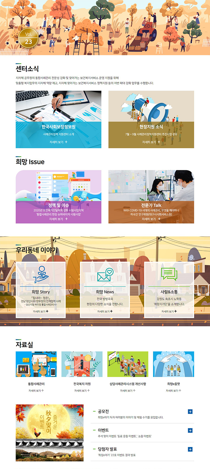 Vol. 23 센터소식 지자체 공무원의 통합사례관리 전문성 강화 및 보건복지서비스 운영 지원을 위해 맞춤형 복지업무의 지자체 역량 제고, 지자체 찾아가는 보건복지서비스 정책지원 등의 저변 확대 강화 업무를 수행합니다. 한국사회보장정보원 사례관리정책 지원센터 소개 자세히 보기 + 현장지원 소식 7월~9월 사례관리정책지원센터 추진사업 공유 자세히 보기 + 희망 Issue 정책 및 이슈 2020년 보건복지전달체계 강화 시범사업지역 '통합사례관리 현장 슈퍼바이저 시범사업' 자세히 보기 + 전문가 Talk With COVID-19 시대의 사례관리, 무엇을 해야하나 허숙민 연구위원(대구시사회서비스원) 자세히 보기 + 우리동네 이야기 희망 Story 「힘내라~ 청춘!」 경남 양산시와 병무청의 연계협력 사례 - 양산시청 허미정 통합사례관리사 - 자세히 보기+ 희망 News 전국 방방곡곡 현장의 다양한 소식을 전합니다. 자세히 보기+ 사람&소통 강원도 속초시 노학동 '희망지기단'을 소개합니다. 자세히 보기+ 자료실 통합사례관리 자세히 보기+ 전국복지 자원 자세히 보기+ 상담사례관리시스템 개선사항 자세히 보기+ 희망e음팟 자세히 보기+ 즐거운 추석맞이 이벤트 공모전 희망e야기 독자 여러분의 이야기 및 체험 수기를 모집합니다. 이벤트 추석 맞이 이벤트 '동료 응원 이벤트', '소원 이벤트' 당첨자 발표 '희망e야기' 22호 이벤트 결과 발표